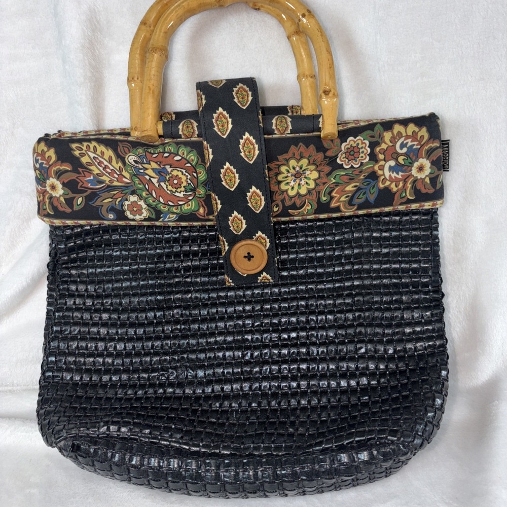 Vintage 90s Black Maggi B Purse Woven Bamboo Handles Grannycore Cottagecore GUC